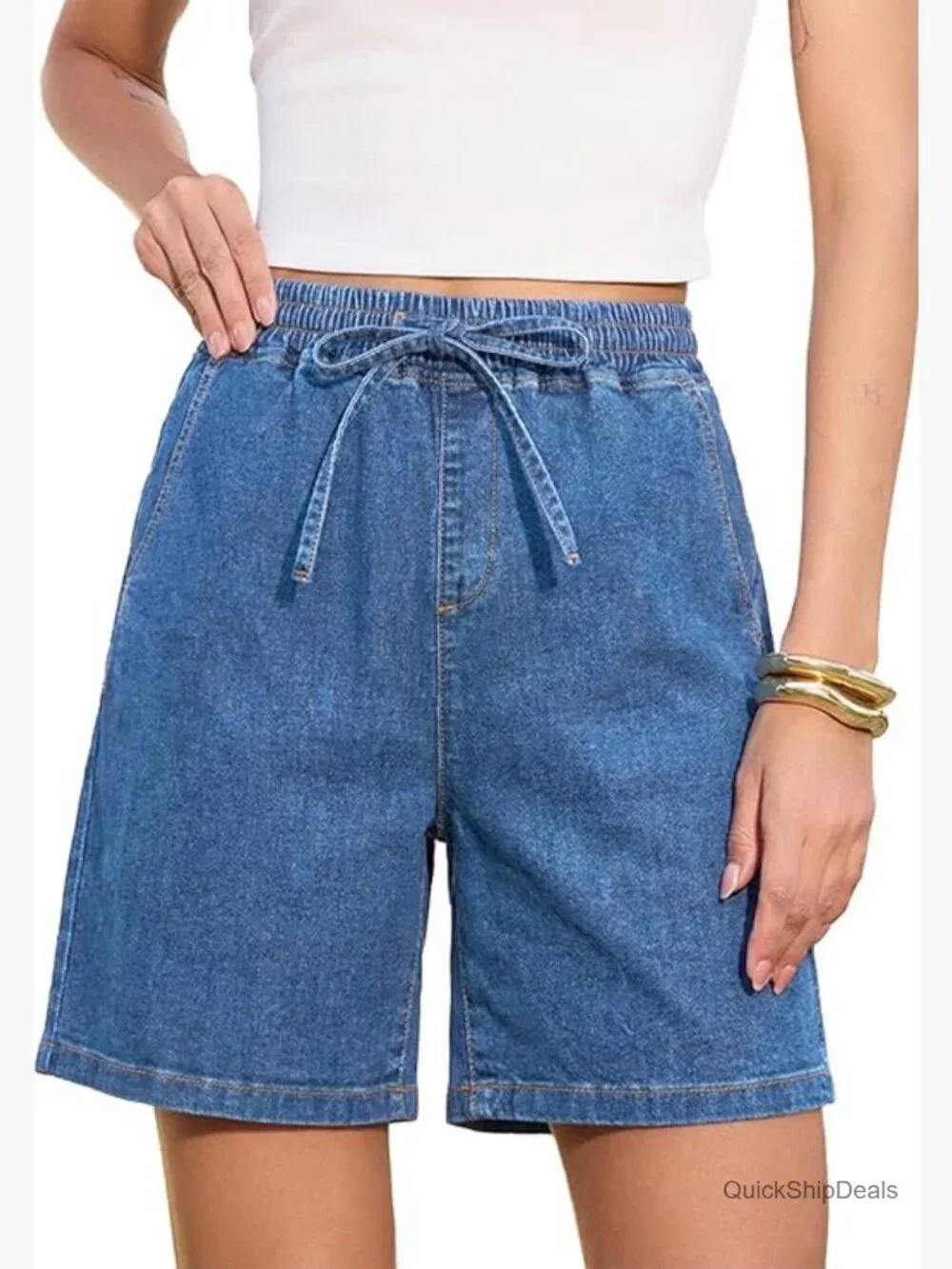 High Waisted Jean Shorts with Drawstring Elastic Waist Baggy Denim Shorts